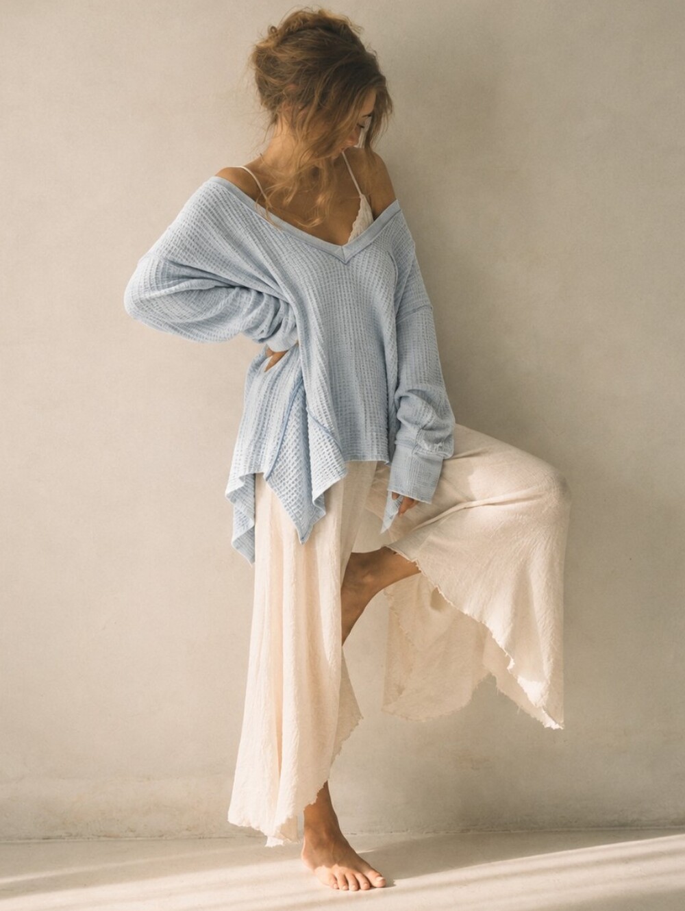 Free People We The Free Coraline Thermal Asymmetrical Waffle Top Blue S